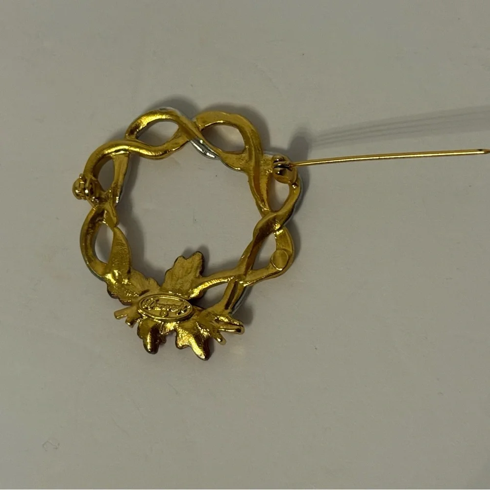 DANECRAFT BROOCH SILVER GOLD WREATH PINK LEAVES VINTAGE SIGNED